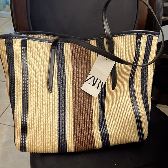 Zara Handbags - Zara Striped Straw Tote in Beige, Navy & Brown